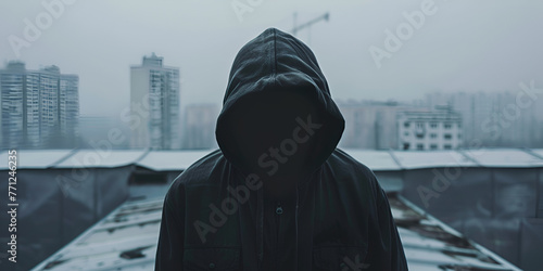 Rooftop ambiance hooded man with hidden face.AI Generative photo