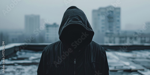Rooftop ambiance hooded man with hidden face copy space intensifying intrigue For Social Media Post.AI Generative photo