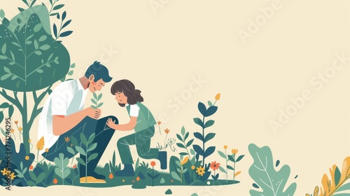 An illustrated father and child enjoy planting in their garden, capturing a moment of family bonding and education in nature.