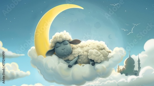 Illustration of a cartoon cute sacrifice sheep resting on clouds under a crescent moon, perfect for Eid al Adha celebrations
