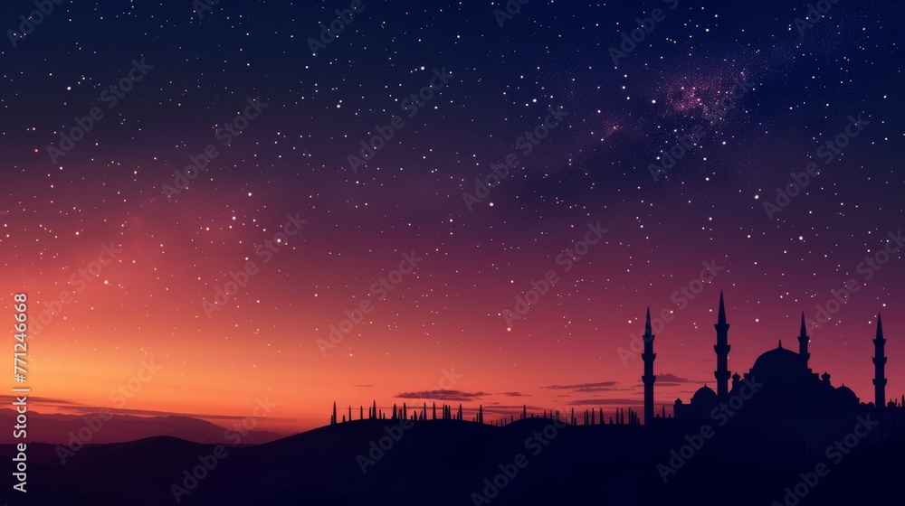 Fototapeta premium Photo of a peaceful Ramadan scene with a silhouette of a mosque against a night sky, transitioning to a warm dawn horizon, capturing the essence of a holy night turning to day.