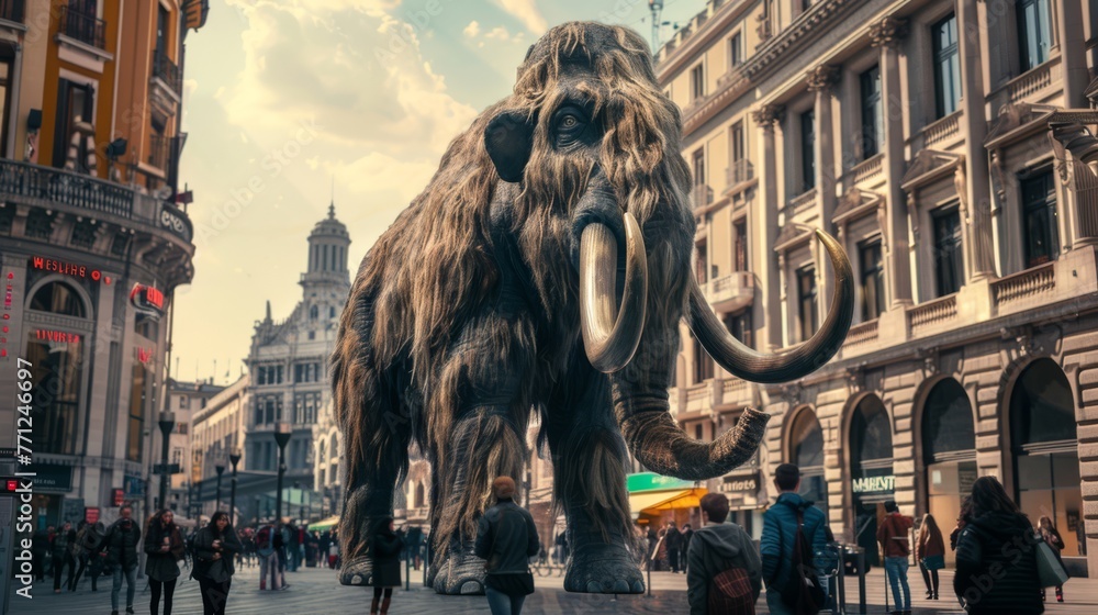 Stock photo of a life-sized mammoth in the center of a bustling city square, surrounded by curious onlookers and modern architecture, capturing the contrast between ancient and contemporary. - obrazy, fototapety, plakaty 