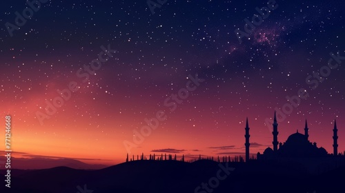 Photo of a peaceful Ramadan scene with a silhouette of a mosque against a night sky, transitioning to a warm dawn horizon, capturing the essence of a holy night turning to day.