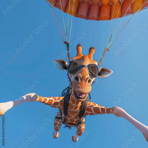 3D-rendered giraffe parachuting, long neck flailing, goggles slipping, in a clear blue sky