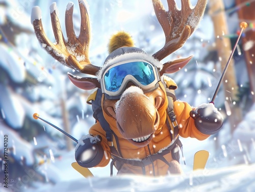 Animated moose wearing ski goggles and antlers decorated with Christmas lights in a snowy landscape