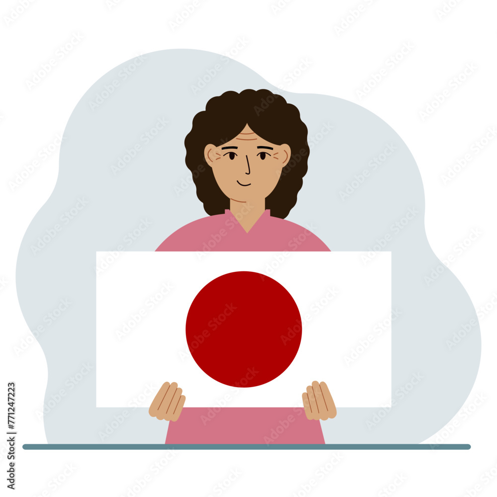 A woman holds the flag of Japan in his hands. The concept of demonstration, national holiday or patriotism. Nationality. Vector flat illustration