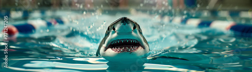 Shark with a coach's whistle overseeing a swim practice in an unexpected twist of aquatic humor photo