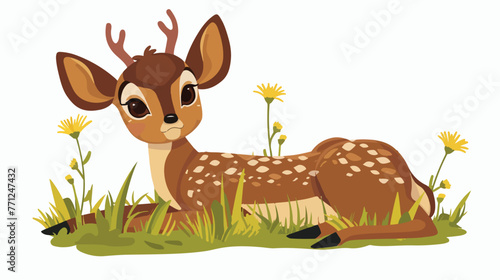 Cute Cartoon deer laying in the grass flat vector 