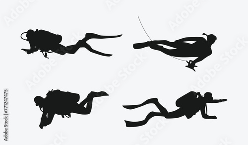 Scuba diving set silhouettes. Scuba diver, underwater sport. Isolated on white background. Vector illustration.