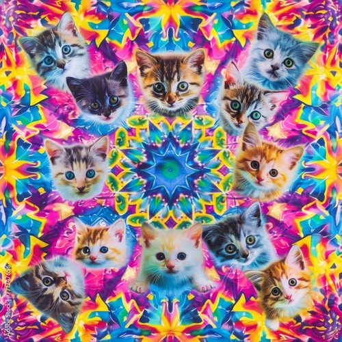 Vibrant Kaleidoscope of Kittens with Psychedelic Colorful Patterns photo