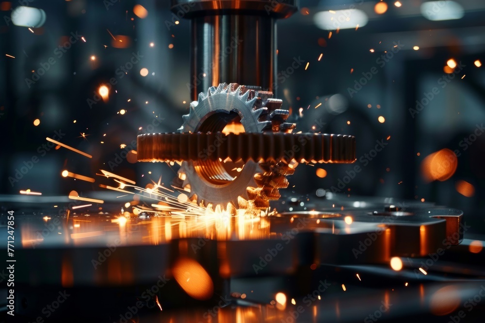 A futuristic alloy gear levitating above a flame with sparks illuminating its advanced