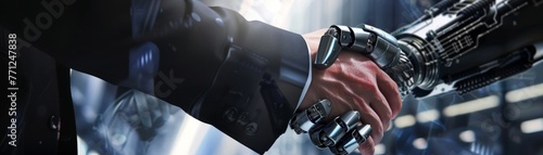  Businessman in a robotic gear handshake symbolizing human-robot collaboration