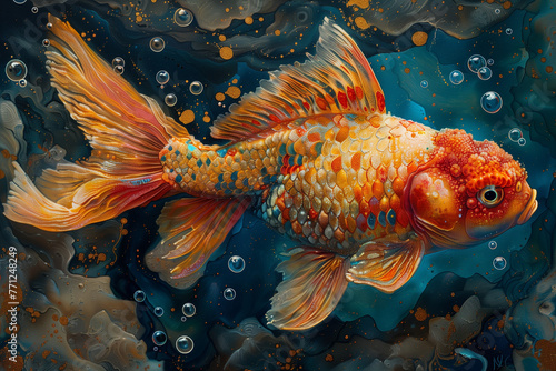 Batik-style wildlife scenes merge traditional aesthetics with nature's beauty, creating unique and captivating imagery. beautiful gold fish in the pond