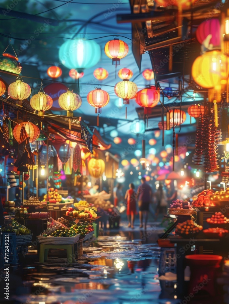 Fototapeta premium Vibrant Night Market in Southeast Asia - Hustle and Bustle under Neon Lights