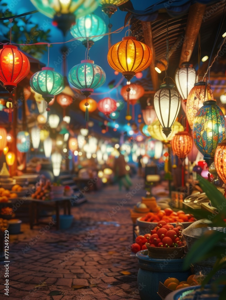 Vibrant Night Market in Southeast Asia - Busy Streets Alive with Colorful Lights