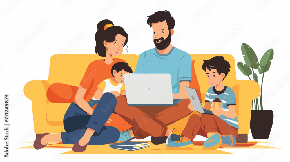 Father use laptop for working Mother daughter and son 