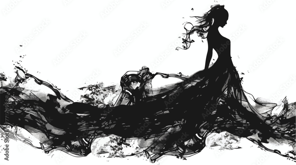 Female silhouette drawn with ink. Long translucent dress