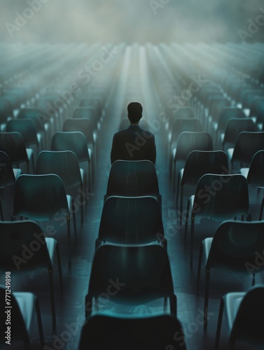 "A Lone Figure Amidst a Sea of Chairs - Solitude and Reflection"