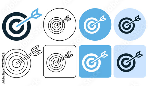 Set of goals. target icon. Target, flat and line editable stroke.. dart arrow and bullseyes target