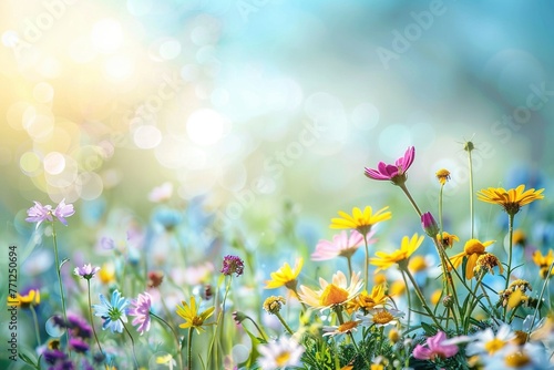 Eine Blumenwiese mit vielen verschiedenen bunten Blumen  leuchtender Bokeh Hintergrund 