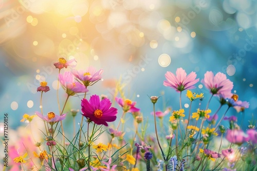Eine Blumenwiese mit vielen verschiedenen bunten Blumen, leuchtender Bokeh Hintergrund  © Herzog