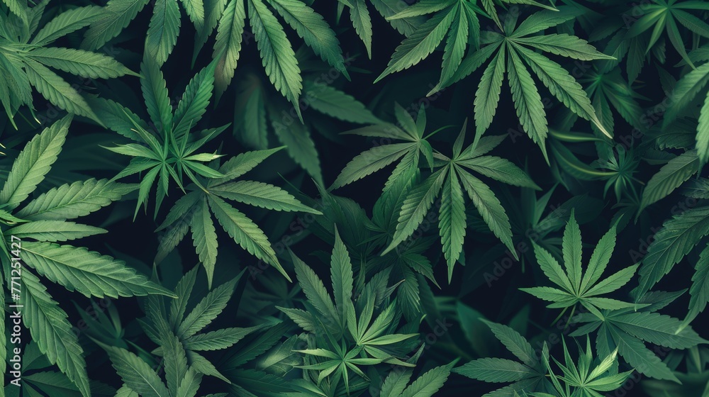 Dark green Cannabis Sativa plant leaves creating a dense, textured background.