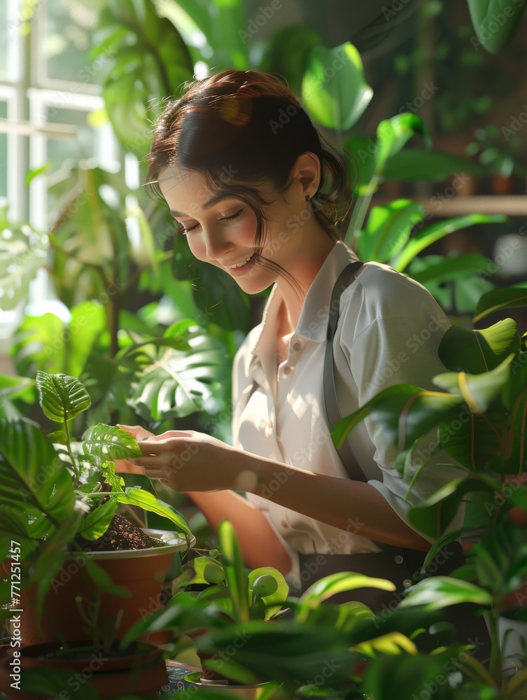 A Happy Gardener Checking the Health of Her New Plants in Garden. A Happy Gardener Checking the Health of Her New Plants in Garden.