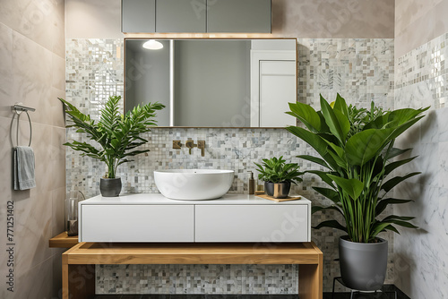 Photo of a washbasin on a cupboard in a bathroom interior with tiles  mirror and plants
