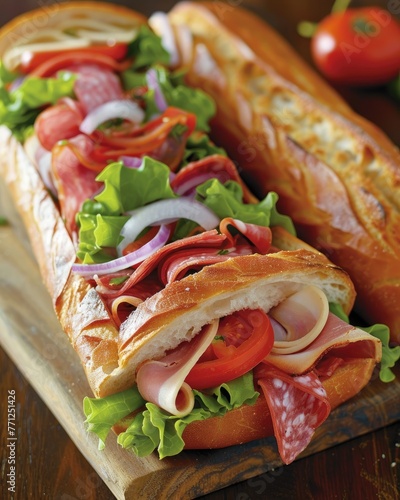 Juicy chicken slices topped with fresh lettuce, tomato, and onions on artisan bread, served on a wooden board for a delectable meal.