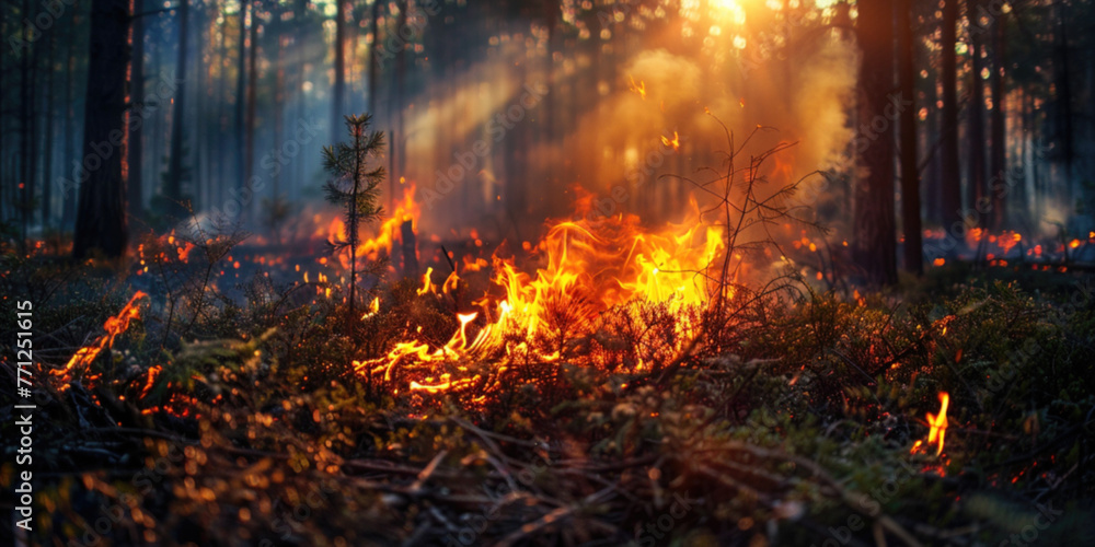 Ecological catastrophe concept. Wildfire forest fire in the afternoon. Grass and trees are burning. Grass is burning in meadow. Fire and smoke destroy all life