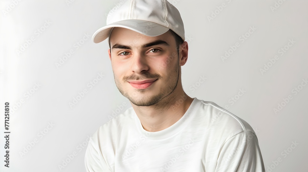 Casual Styled Young Man Wearing White T-shirt and Baseball Cap. Studio Portrait, Neutral Background. Ideal for Modern Lifestyle Concepts. AI