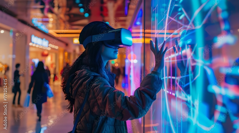 Young woman experiencing virtual reality in neon-lit room. Futuristic VR technology usage. Cyber-space exploration. Interactive digital interface encounter. AI
