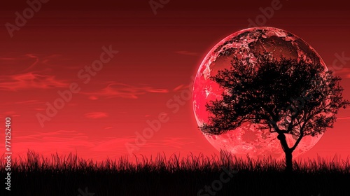 Silhouette Tree and Grass with Blood Moon photo