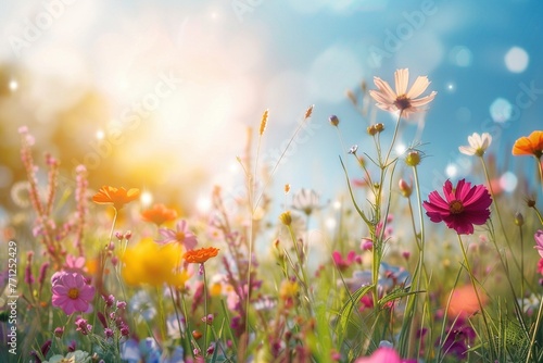 Eine Blumenwiese mit vielen verschiedenen bunten Blumen, leuchtender Bokeh Hintergrund  © Herzog