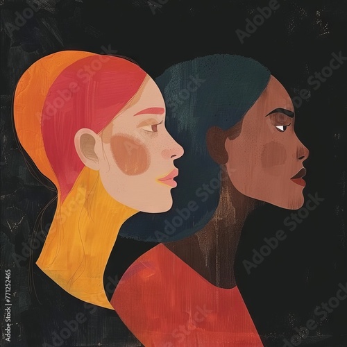 An abstract illustration of two women. One white. One Black. side profile. 