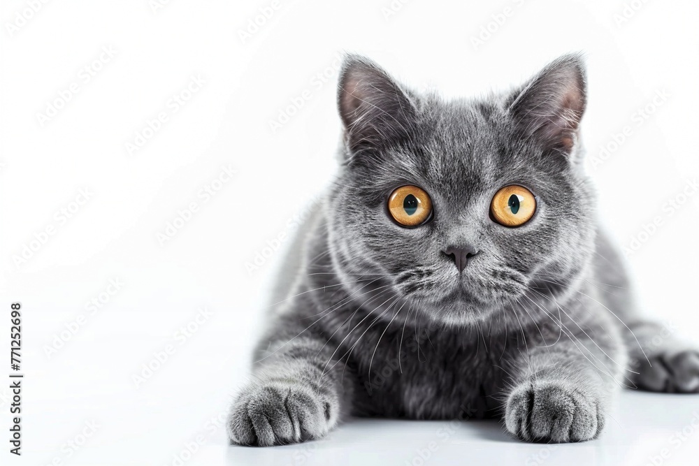 Eine liegende graue Katze mit großen Augen, weißer Hintergrund