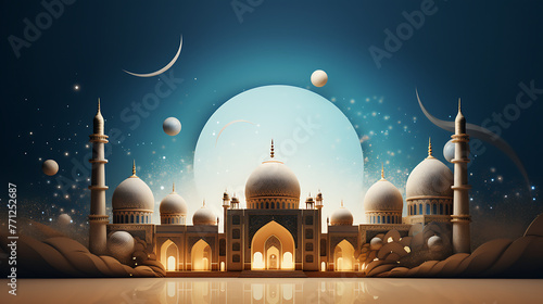 Ramadan Kareem background with mosque and moon.