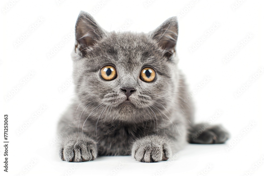 Eine süße liegende graue Katze mit großen Augen, weißer Hintergrund 