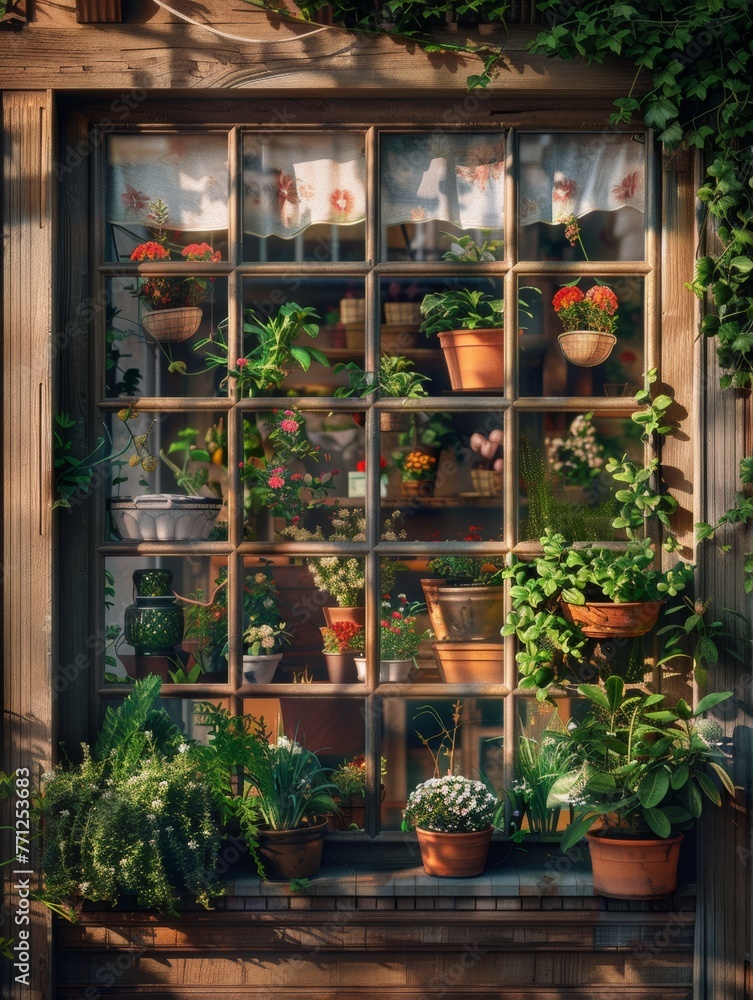 Charming Window Display Showcasing Beauty of Flowers and Nature.