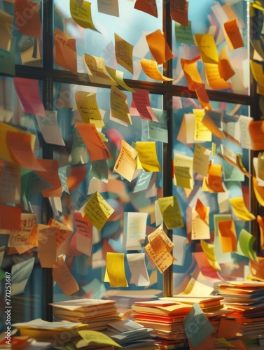 Chaotic Creative Workspace with Colorful Sticky Notes Brainstorming Session