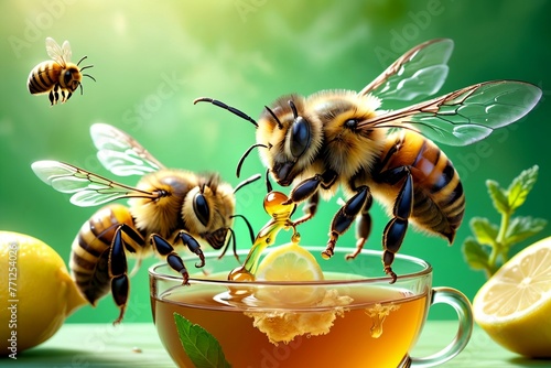 bees carry honey into tea, natural tea with honey