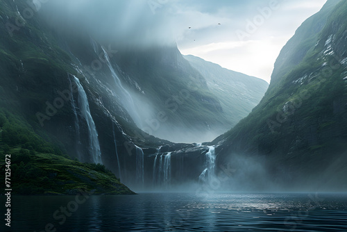 the waterfall in water surrounded by mountains in the s 92c88503-688e-489d-aaf6-655243eb1195 photo