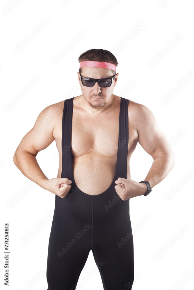 fat man in sports tights, sunglasses and headband on a white fat man in sports tights, sunglasses and headband on a white