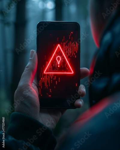 Phone screen displaying SMS scam warning, digital threats concept, sharp focus, alert symbol visible