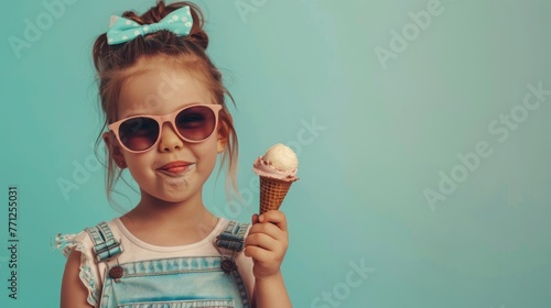 cute little girl with sunglasses eating a cone of ice cream on a studio background