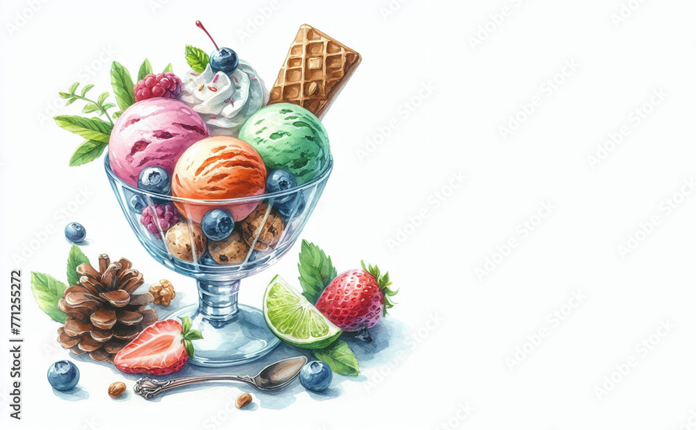 Various colorful strawberry ice cream cone watercolor painting clipart style summer concept on white background