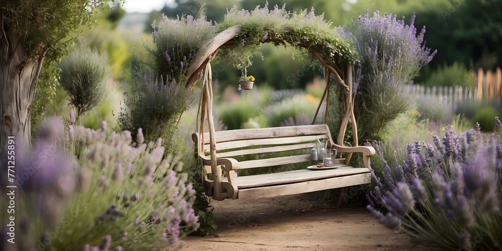 A whimsical garden where lavender and thyme grow wild, with a weathered swing swaying gently in the fragrant breeze, generative AI - obrazy, fototapety, plakaty 