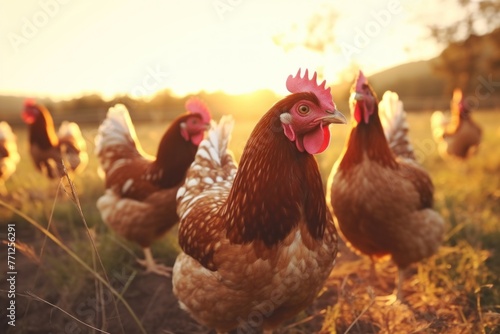Organic Free Range Chickens on Traditional Farm at Sunset