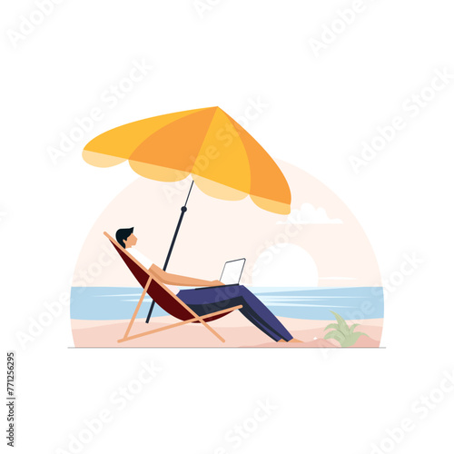 Relaxed freelancer working on a tropical beach on his laptop, work from anywhere or remote work illustration