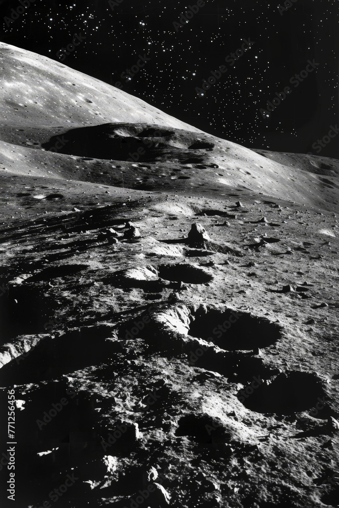 lunar landscape with craters in black and white - obrazy, fototapety, plakaty 